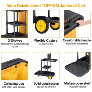 TUFFIOM Commercial Traditional Cleaning Janitorial 3-Shelf Cart, 500 Lbs Capacity Housekeeping Cart, 42.5" L x 18.7" W x 37.6" H, Wheeled with 22 Gallon Yellow VinylBag and Cover w Lid, Black