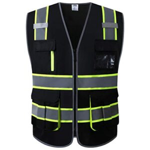 jksafety 9 pockets high visibility black safety vest for men and women zipper front with hi-vis reflective strips meets ansi/isea standards (130-black, medium)