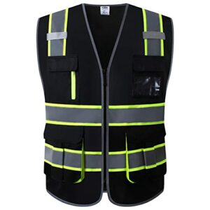 JKSafety 9 Pockets High Visibility Black Safety Vest for Men and Women Zipper Front with Hi-Vis Reflective Strips Meets ANSI/ISEA Standards (130-Black, Medium)