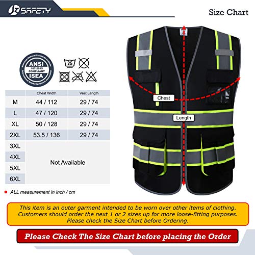 JKSafety 9 Pockets High Visibility Black Safety Vest for Men and Women Zipper Front with Hi-Vis Reflective Strips Meets ANSI/ISEA Standards (130-Black, Medium)