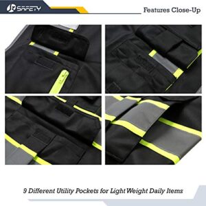 JKSafety 9 Pockets High Visibility Black Safety Vest for Men and Women Zipper Front with Hi-Vis Reflective Strips Meets ANSI/ISEA Standards (130-Black, Medium)