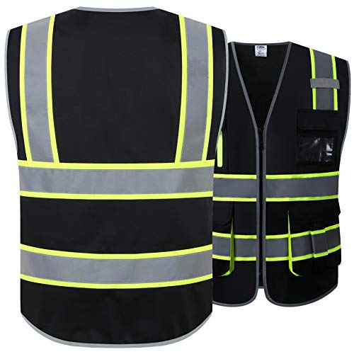 JKSafety 9 Pockets High Visibility Black Safety Vest for Men and Women Zipper Front with Hi-Vis Reflective Strips Meets ANSI/ISEA Standards (130-Black, Medium)