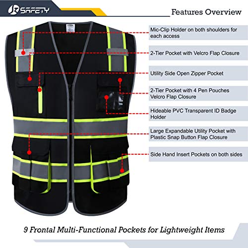 JKSafety 9 Pockets High Visibility Black Safety Vest for Men and Women Zipper Front with Hi-Vis Reflective Strips Meets ANSI/ISEA Standards (130-Black, Medium)