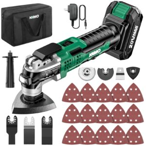 kimo 20v cordless oscillating tool kit with 26-pcs accessories, max 21000 opm, 6 variable speed & 3° oscillating angle, battery powered oscillating multitool for cutting wood/nail/scraping/sanding