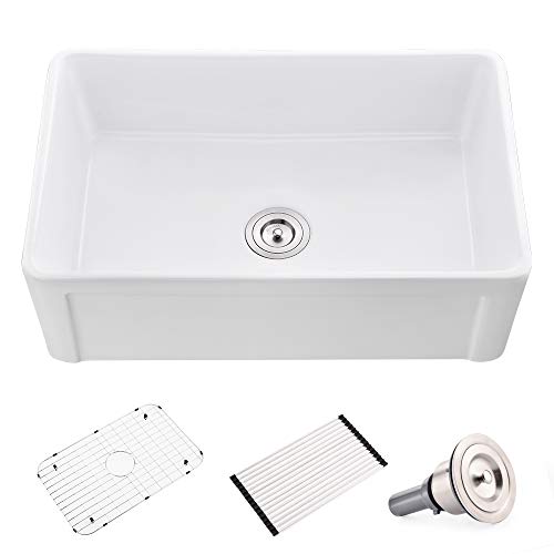 Farmhouse Sink - VOKIM 30 Inch Fireclay White Farmhouse Sink Deep Apron Front Kitchen Sink Single Bowl Handcrafted Farm Sink