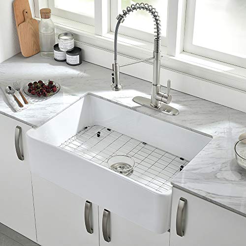 Farmhouse Sink - VOKIM 30 Inch Fireclay White Farmhouse Sink Deep Apron Front Kitchen Sink Single Bowl Handcrafted Farm Sink