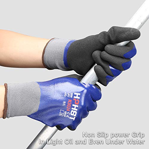 HPHST Waterproof Work Gloves, 3 Pairs Working Safety Construction Gloves Heavy Duty Oil Resistant Gardening Gloves with Nitrile Coating for Men Women Blue Large 3 Pairs