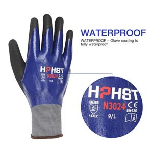 HPHST Waterproof Work Gloves, 3 Pairs Working Safety Construction Gloves Heavy Duty Oil Resistant Gardening Gloves with Nitrile Coating for Men Women Blue Large 3 Pairs