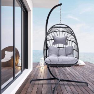 nicesoul® indoor outdoor patio wicker hanging egg chair swing hammock egg chairs uv resistant cushions 350lbs capaticy for patio bedroom balcony (grey)