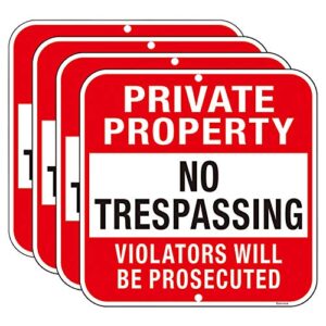 doninex large (4 pack) private property no trespassing sign, 12x12 inches metal heavy duty reflective aluminum, violators will be prosecuted signs, weather resistant, weatherproof, indoor or outdoor