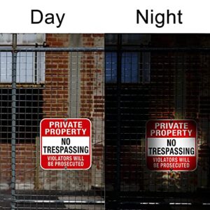 Doninex Large (4 Pack) Private Property No Trespassing Sign, 12x12 Inches Metal Heavy Duty Reflective Aluminum, Violators Will Be Prosecuted Signs, Weather Resistant, Weatherproof, Indoor or Outdoor