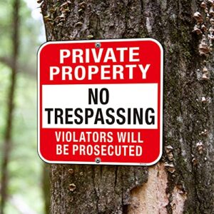 Doninex Large (4 Pack) Private Property No Trespassing Sign, 12x12 Inches Metal Heavy Duty Reflective Aluminum, Violators Will Be Prosecuted Signs, Weather Resistant, Weatherproof, Indoor or Outdoor