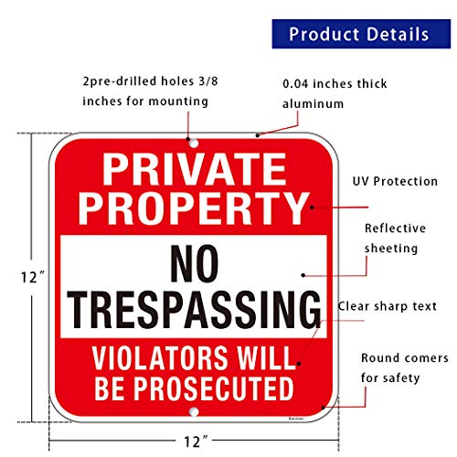 Doninex Large (4 Pack) Private Property No Trespassing Sign, 12x12 Inches Metal Heavy Duty Reflective Aluminum, Violators Will Be Prosecuted Signs, Weather Resistant, Weatherproof, Indoor or Outdoor