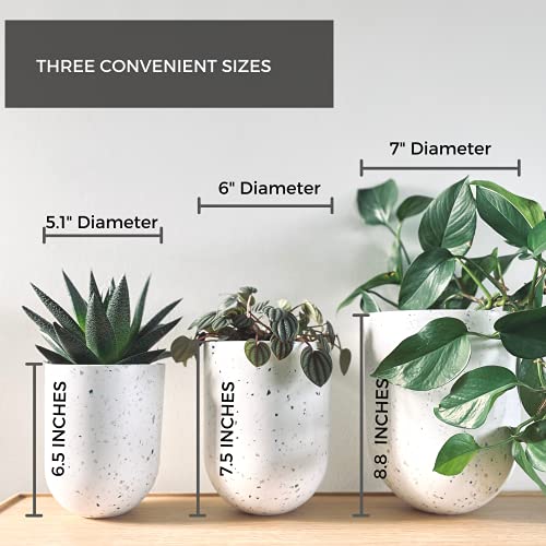 AUBURY White Indoor Plant Pots - Set of 3 Planters with Drainage Holes, 5.1,6 and 7" Diam, Sturdy yet Lightweight for Easy Moving, Modern Flower Pots for Indoor Gardens, Succulents or Hanging Planters
