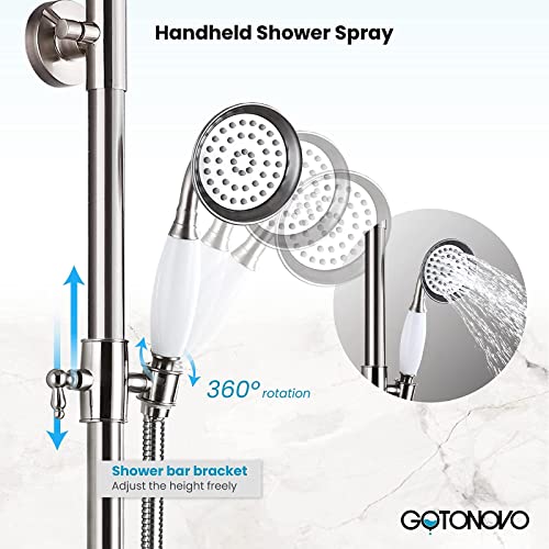 gotonovo Brushed Nikcel Shower Faucet 8-inch Shower Head Fixture with Handheld Spray Double Lever Handle Tub Spout Triple Function Bathroom Set Wall Mount