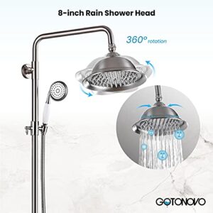 gotonovo Brushed Nikcel Shower Faucet 8-inch Shower Head Fixture with Handheld Spray Double Lever Handle Tub Spout Triple Function Bathroom Set Wall Mount