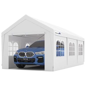 peaktop outdoor 10x20 ft heavy duty carport car canopy with removable window sidewalls, portable garage tent boat shelter with reinforced triangular beams, white