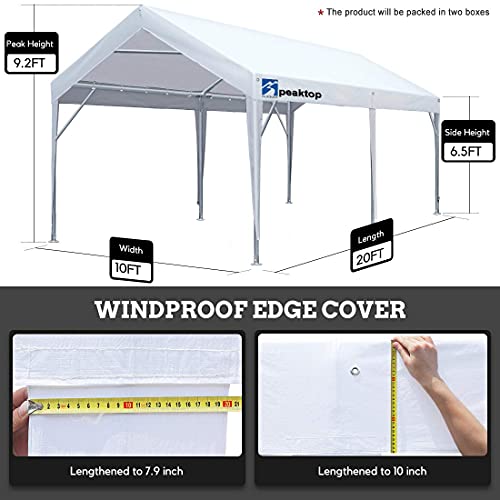 PEAKTOP OUTDOOR 10x20 ft Upgraded Heavy Duty Carport Car Canopy Portable Garage Tent Boat Shelter with Reinforced Triangular Beams, White