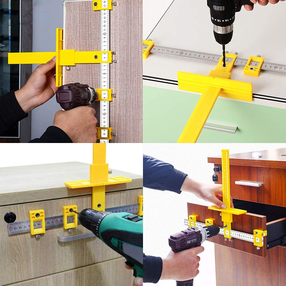 Cabinet Pull Template Hardware Jig, Punch Locator Drill Guide Wood Drilling Doweling Tool for Door and Drawer Handle Knob, Adjustable Pull Installation Template Tool for Drilling Holes on Wood Drill