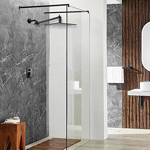 Rain Shower Head with 11’’ Adjustable Extension Arm, Large Stainless Steel High Flow Rainfall Square Shower head, Bath Shower Waterfall Full Body Coverage (12 Inch Showerhead with Arm, Matte Black)
