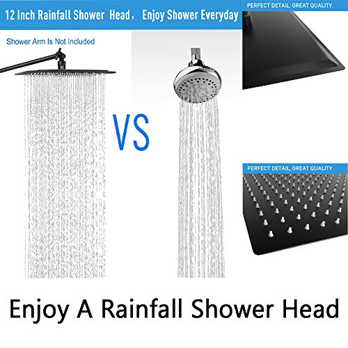 Rain Shower Head with 11’’ Adjustable Extension Arm, Large Stainless Steel High Flow Rainfall Square Shower head, Bath Shower Waterfall Full Body Coverage (12 Inch Showerhead with Arm, Matte Black)