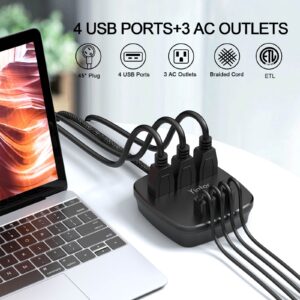 Power Strip with Phone Shelf, Yintar 6 Feet Long Braided Flat Plug Extension Cord with 3 Outlet and 4 USB Ports, Compact Size Charging Station for Home, Office, Dorm Essentials, Black