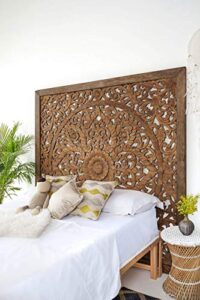 super king sized carved headboard, wall mounted mandala wooden panels, weathered brown rustic barn finish, 80 inches