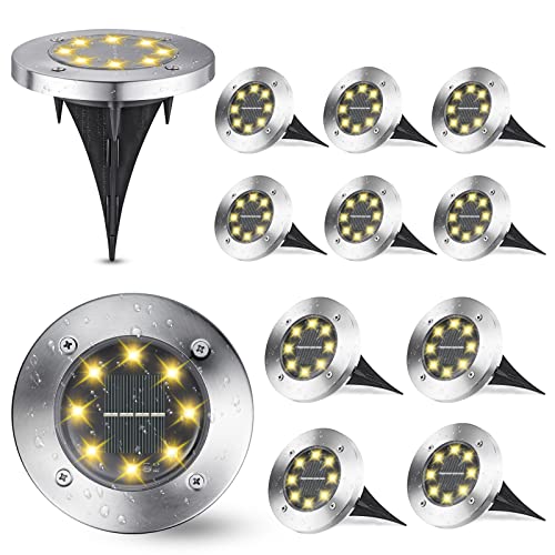 Joomer Solar Ground Lights, 12 Pack 8 LED Solar Pathway Lights Waterproof In-Ground Outdoor Landscape Lighting Solar Disk Lights for Patio Pathway Lawn Yard Driveway Walkway (Warm White)