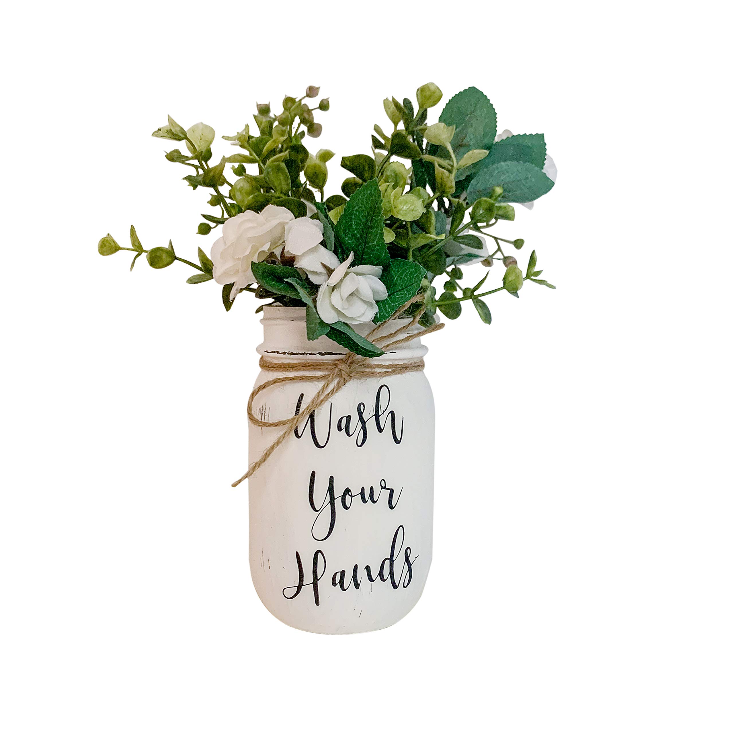 Wash Your Hands Mason Jar, Hand Painted and Distressed Mason Jar Decor, Pint 16 oz. Regular Mouth White Mason Jar, Artificial Flower Arrangement, Rustic Farmhouse Mason Jar Bathroom Decor for Shelf