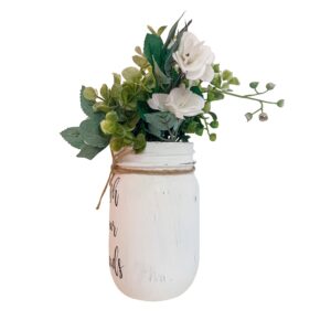 Wash Your Hands Mason Jar, Hand Painted and Distressed Mason Jar Decor, Pint 16 oz. Regular Mouth White Mason Jar, Artificial Flower Arrangement, Rustic Farmhouse Mason Jar Bathroom Decor for Shelf