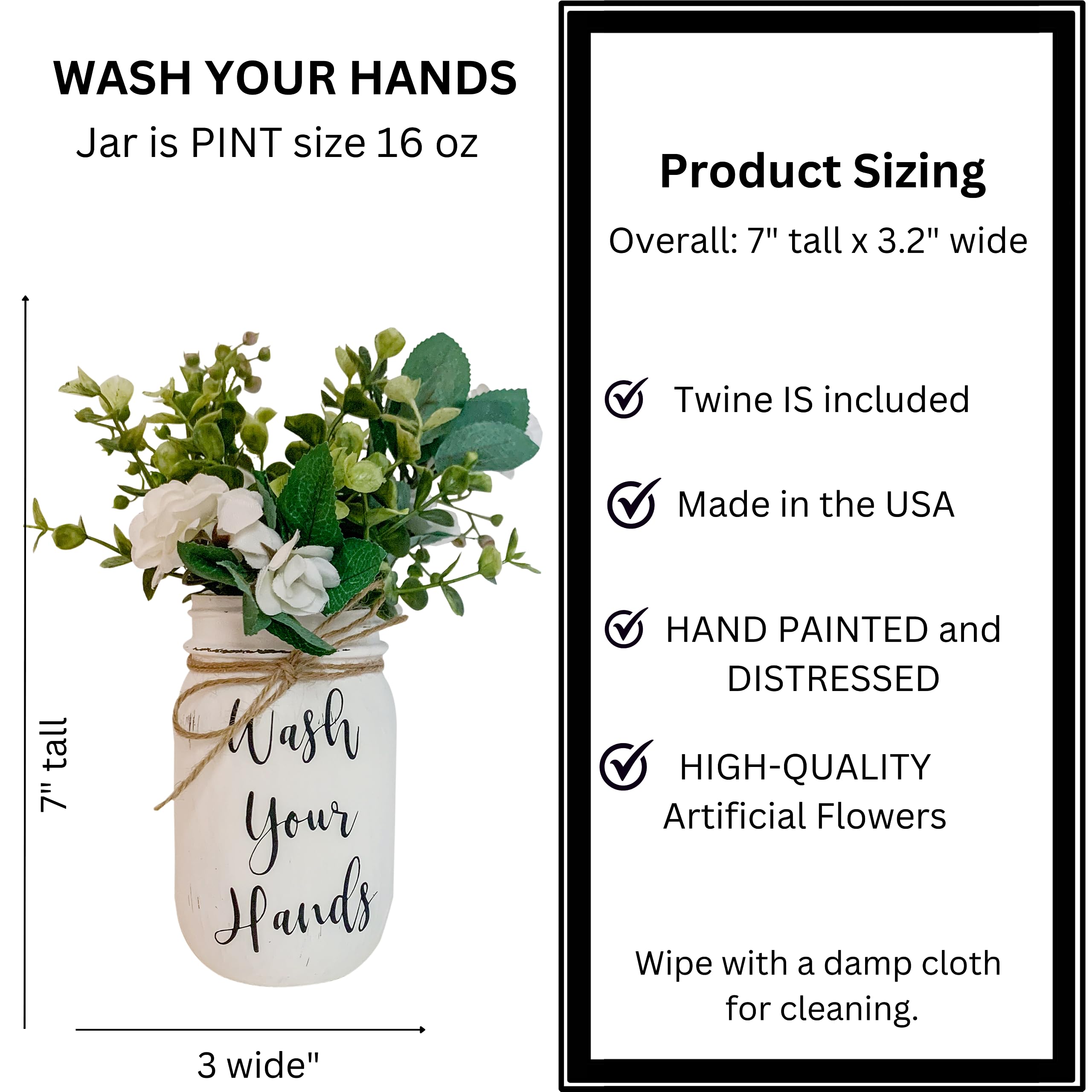 Wash Your Hands Mason Jar, Hand Painted and Distressed Mason Jar Decor, Pint 16 oz. Regular Mouth White Mason Jar, Artificial Flower Arrangement, Rustic Farmhouse Mason Jar Bathroom Decor for Shelf