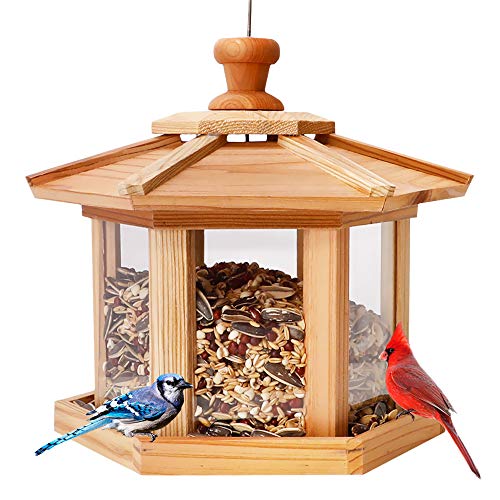 Solution4Patio Hexagon Shaped Gazebo Bird Feeder, USA Cedar, Hollow Mesh Tray, Large Capacity, Easy to Clean & Fill, 9.6" Dia. X 8.7" H, G-B121A00-US