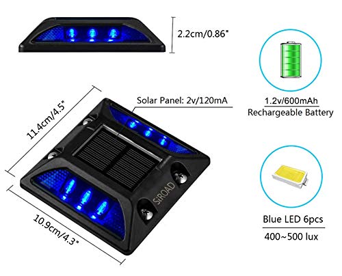 SIROAD Solar Driveway Deck Light, IP68 Waterproof Driveway Reflector Outdoor Blue LED Light for Dock Walkway Lane Porch Patio Pathway Garden Yard Road Markers (Blue, 4 Pack)