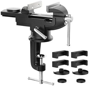 housolution universal table vise 3 inch, 360°swivel base bench clamp home vise clamp-on vise repair tool portable work bench vise for woodworking, cutting conduit, drilling, metalworking - black