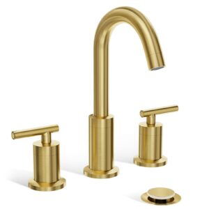 phiestina brushed gold bathroom sink faucet, widespread 8 inch 3 hole rotatable 360 degree modern bathroom faucet, with pop up drain and water supply line, wf03-1-bg
