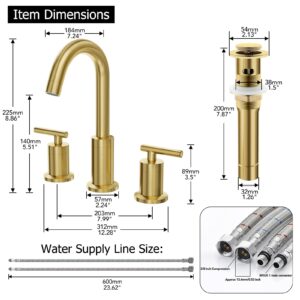 Phiestina Brushed Gold Bathroom Sink Faucet, Widespread 8 Inch 3 Hole Rotatable 360 Degree Modern Bathroom Faucet, with Pop Up Drain and Water Supply Line, WF03-1-BG