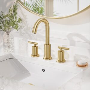 Phiestina Brushed Gold Bathroom Sink Faucet, Widespread 8 Inch 3 Hole Rotatable 360 Degree Modern Bathroom Faucet, with Pop Up Drain and Water Supply Line, WF03-1-BG