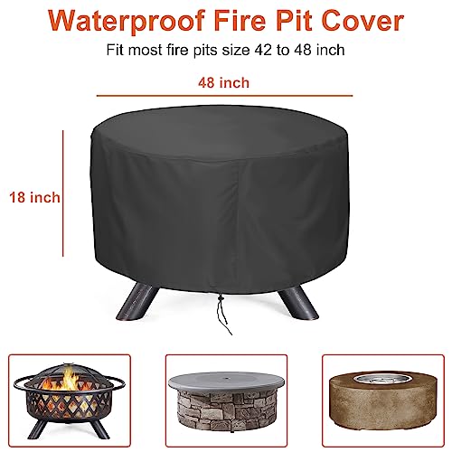 LBTING Fire Pit Cover, 48 inch Cover for 42-48 inch Round Firepit, Waterproof Windproof Dustproof UV-Resistant Heavy Duty Cover for Outdoor Patio Firepit Table - Black