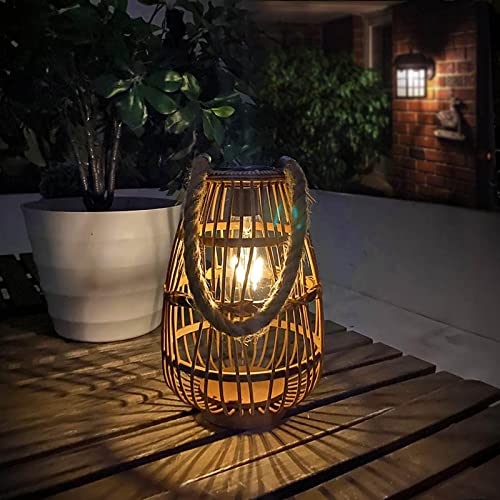 pearlstar Outdoor Solar Lanterns Light Rattan Natural Lantern with Handle for Hanging or Table Lamp for Patio Yard Garden Wedding Home Decoration, Edison Bulb, Auto on/Off(Style 1)