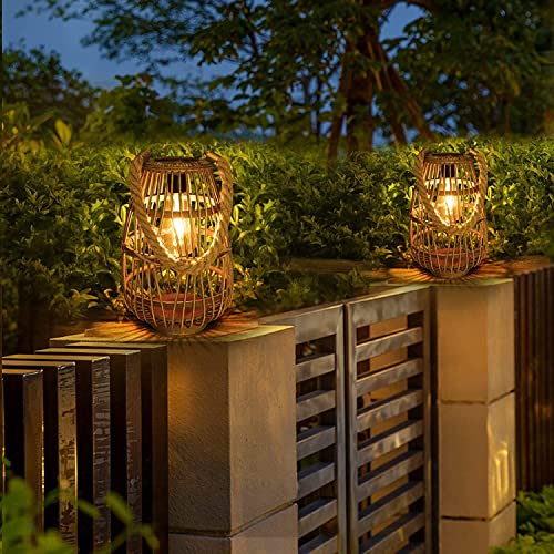 pearlstar Outdoor Solar Lanterns Light Rattan Natural Lantern with Handle for Hanging or Table Lamp for Patio Yard Garden Wedding Home Decoration, Edison Bulb, Auto on/Off(Style 1)