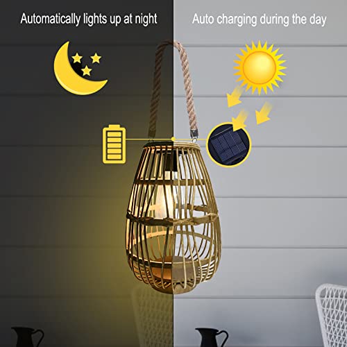 pearlstar Outdoor Solar Lanterns Light Rattan Natural Lantern with Handle for Hanging or Table Lamp for Patio Yard Garden Wedding Home Decoration, Edison Bulb, Auto on/Off(Style 1)