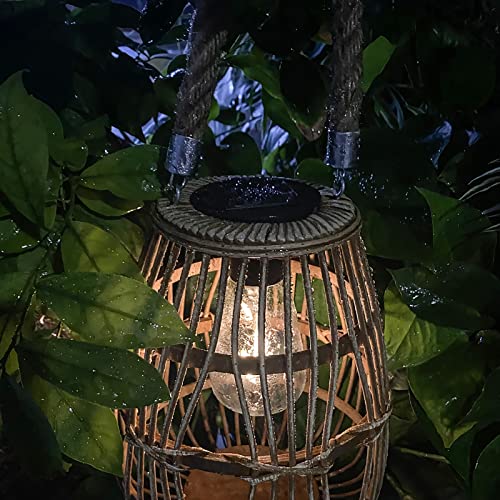 pearlstar Outdoor Solar Lanterns Light Rattan Natural Lantern with Handle for Hanging or Table Lamp for Patio Yard Garden Wedding Home Decoration, Edison Bulb, Auto on/Off(Style 1)