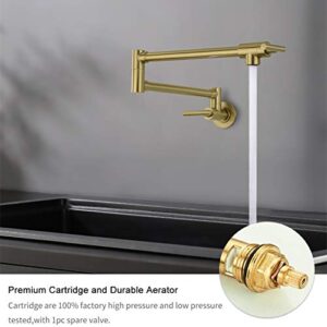 LEETCP Pot Filler Faucet Wall Mount, Brass Material, Brushed Gold Color, with Double Joint Swing Arms, 2 Handles with 2 Cartridges to Control Water (Style Brushed Gold)