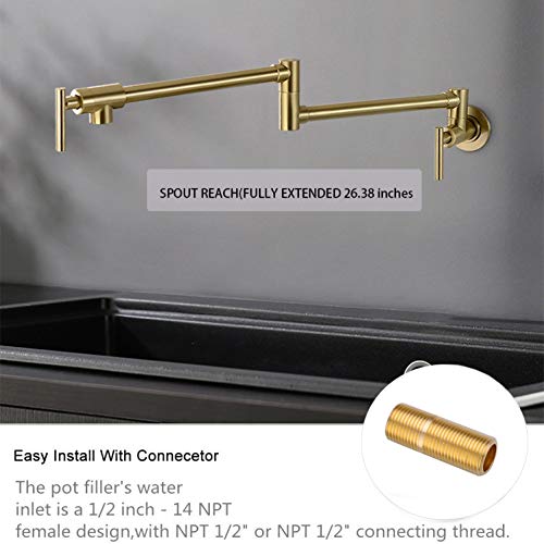 LEETCP Pot Filler Faucet Wall Mount, Brass Material, Brushed Gold Color, with Double Joint Swing Arms, 2 Handles with 2 Cartridges to Control Water (Style Brushed Gold)