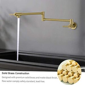 LEETCP Pot Filler Faucet Wall Mount, Brass Material, Brushed Gold Color, with Double Joint Swing Arms, 2 Handles with 2 Cartridges to Control Water (Style Brushed Gold)