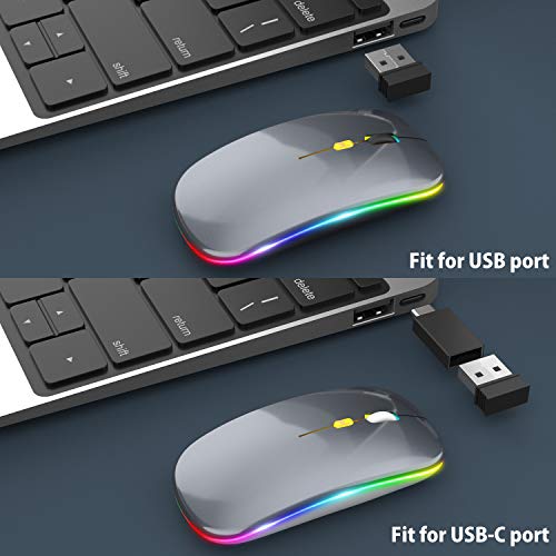 【Upgrade】 LED Wireless Mouse, Slim Silent Mouse 2.4G Portable Mobile Optical Office Mouse with USB & Type-c Receiver, 3 Adjustable DPI Levels for Notebook, PC, Laptop, Computer, MacBook (Grey)