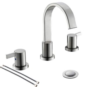 phiestina 8 inch brushed nickel waterfall 2-handle 3-hole widespread bathroom faucet with pop-up drain and valve, wf40-1-bn