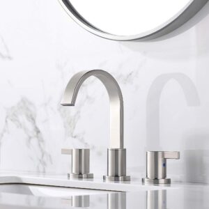 Phiestina 8 Inch Brushed Nickel Waterfall 2-Handle 3-Hole Widespread Bathroom Faucet with Pop-up Drain and Valve, WF40-1-BN