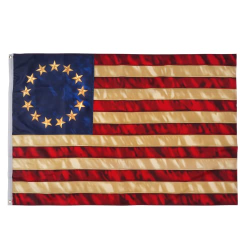 FRF Tea Stained 13 Stars American flag Besty Ross Flags 3x5 Vintage USA 1776 Banner Outdoor Decoration with Canvas Header & 2 Brass Grommets (3D Printed Star)