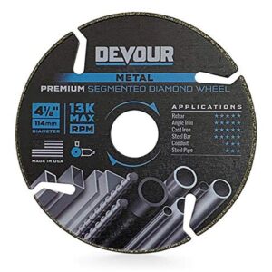 devour 4.5" premium metal segmented rim diamond blade for cutting ferrous and non-ferrous metals including cast iron, rebar, angle iron, steel pipe and more, made in usa, 7/8-inch arbor (nt045me)